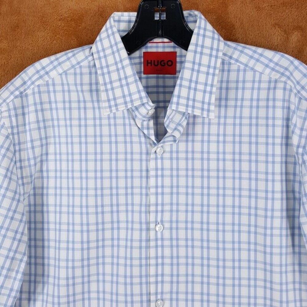 HUGO BOSS Shirt Mens 15.5 39 Blue Check Button Up Slim Fit KENNO Red Label $118